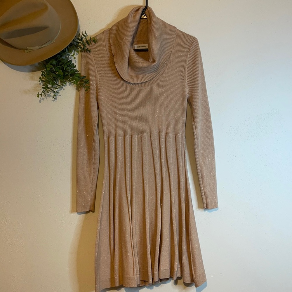 Calvin Klein-Rose Gold & Metallic Shimmer Ribbed Cowl Neck Sweater Dress Sz Lg